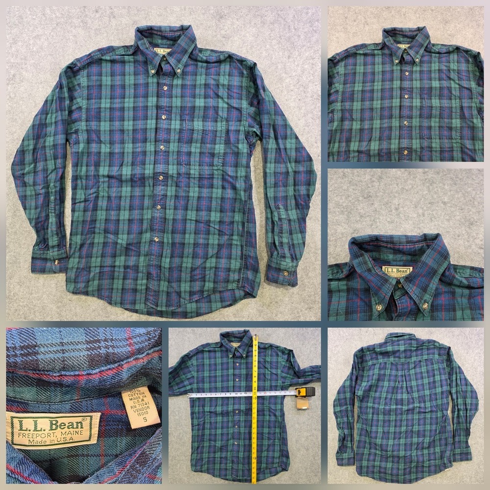 VTG LL Bean Shirt Mens Small Cotton Green Plaid Flannel Made USA Button Down 90s